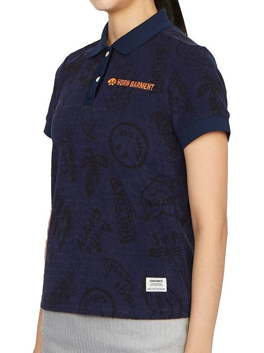 Women's Print Polo Short Sleeve T-Shirt Navy - HORN GARMENT - BALAAN 1