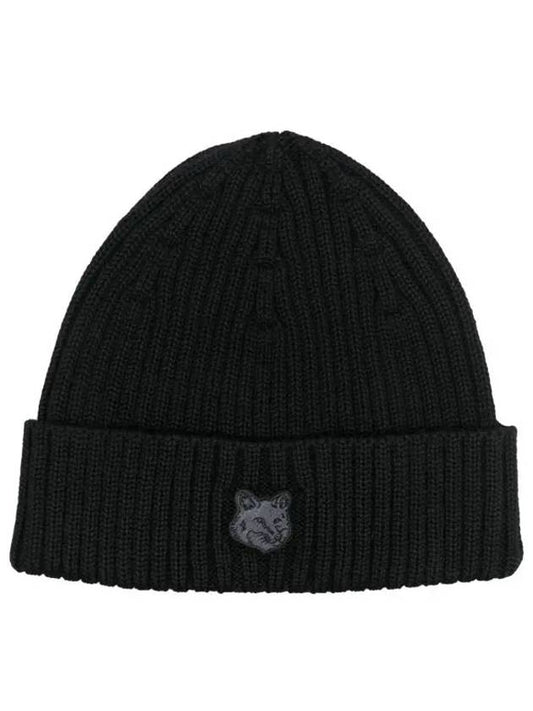 Bold Fox Head Patch Ribbed Beanie Black - MAISON KITSUNE - BALAAN 2