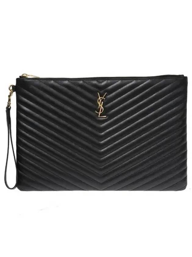 Gold Monogram Document Holder In Matelasse Leather Black - SAINT LAURENT - BALAAN 3