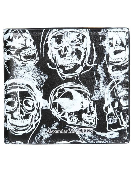 Men's Skull Sketch Pattern Bifold Half Wallet White Black - ALEXANDER MCQUEEN - BALAAN.