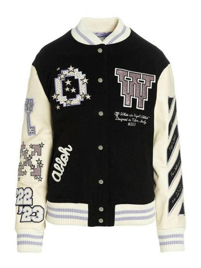 Women's Bling Patches Varsity Bomber Jacket Black - OFF WHITE - BALAAN 2