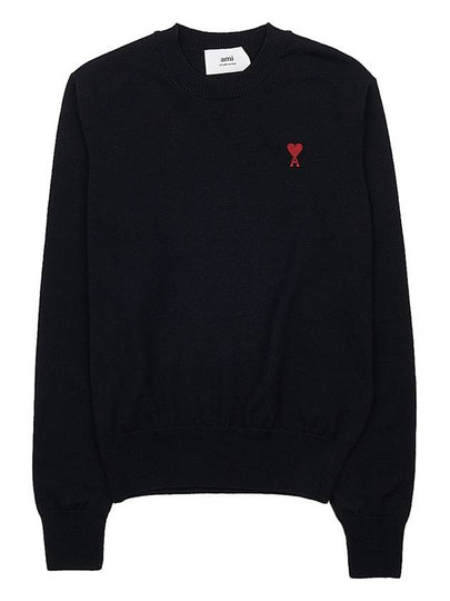 Heart Embroidered Logo Crew Neck Knit Top Black - AMI - BALAAN 2