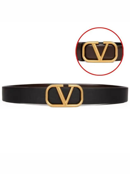 Gold V Logo Signature Leather Belt Brown - VALENTINO - BALAAN 2