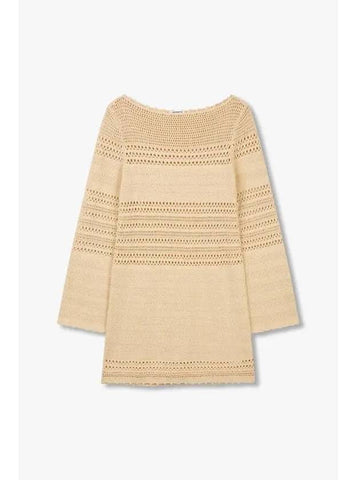 Wearing boat neck knit mini dress Open beige - REFORMATION - BALAAN 1