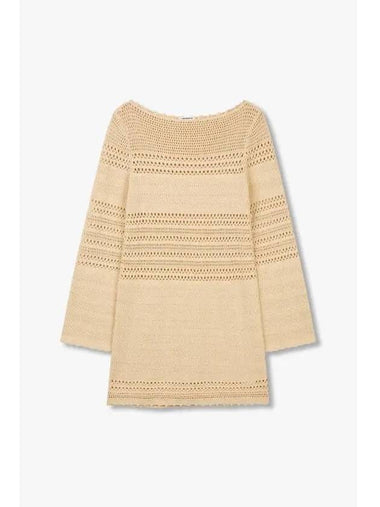 Wearing boat neck knit mini dress Open beige - REFORMATION - BALAAN 1