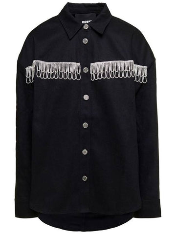 Black Oversized Shirt With Rhinestone Fringes And Logo Detail In Cotton Woman - ROTATE - BALAAN 1