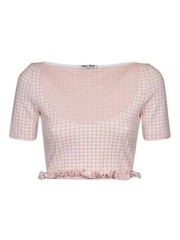 MIU Women s Check Crop Short Sleeve T Shirt Light Pink MT1741 1GEV - MIU MIU - BALAAN 1