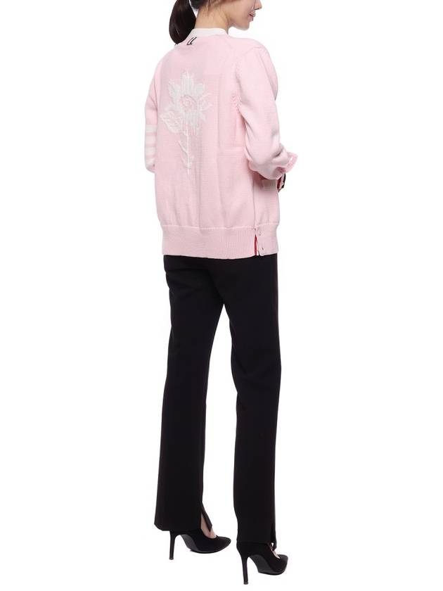 Cotton Jersey Flower 4 Bar V Neck Cardigan Light Pink - THOM BROWNE - BALAAN 7