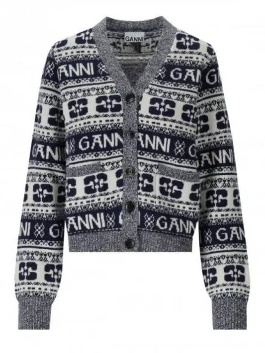 logo wool mix jacquard cardigan blue - GANNI - BALAAN 2