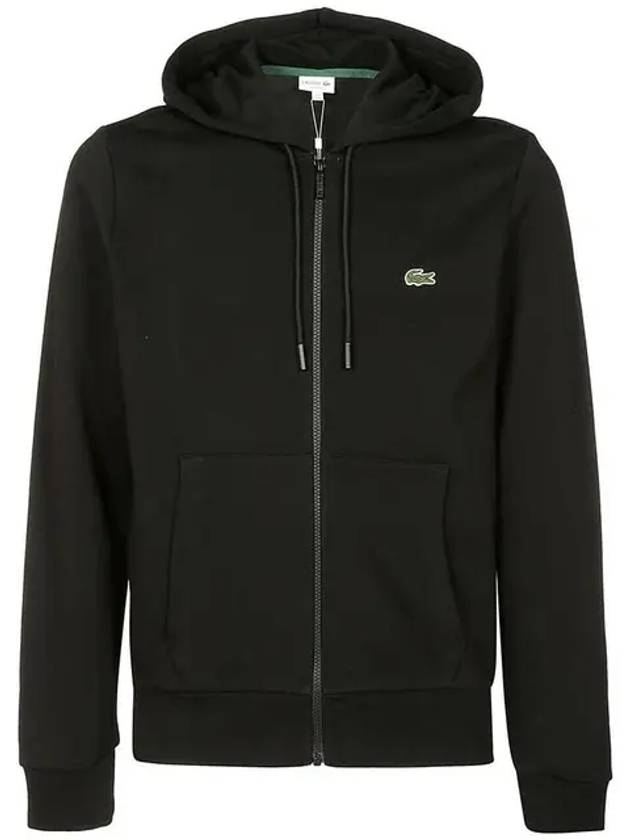 Embroidery Logo Kangaroo Pocket Fleece Zip Up Hoodie Black - LACOSTE - BALAAN 2