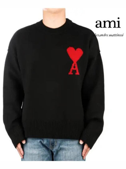 Intarsia Big Heart Logo Wool Knit Top Black - AMI - BALAAN 2