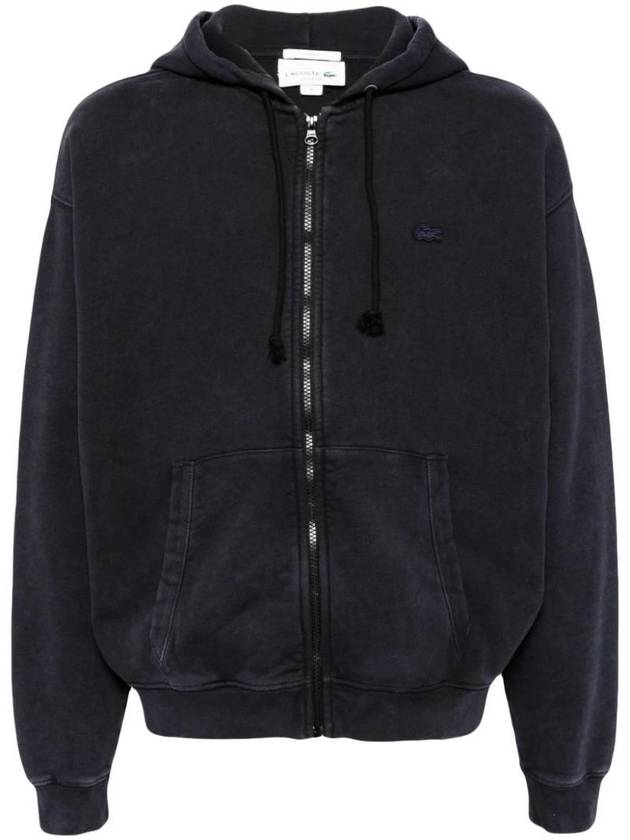 Loose Fit Washed Cotton Hooded Jacket Black - LACOSTE - BALAAN 1