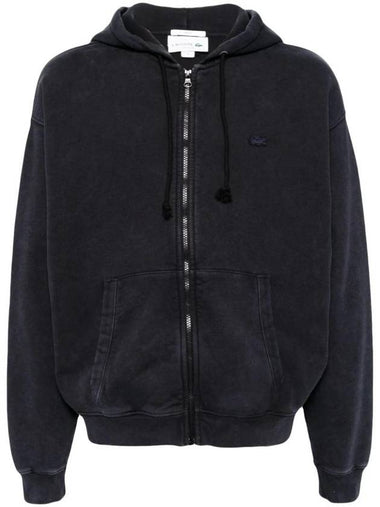 Loose Fit Washed Cotton Hooded Jacket Black - LACOSTE - BALAAN 1