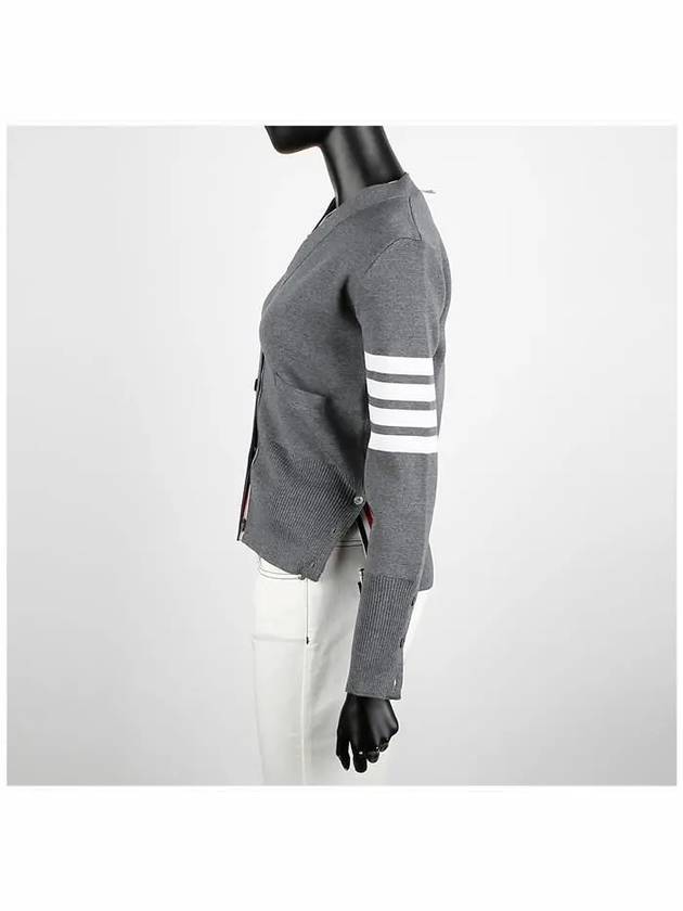 Milano Stitch 4 Bar Classic V Neck Fine Merino Wool Cardigan Medium Grey - THOM BROWNE - BALAAN 4