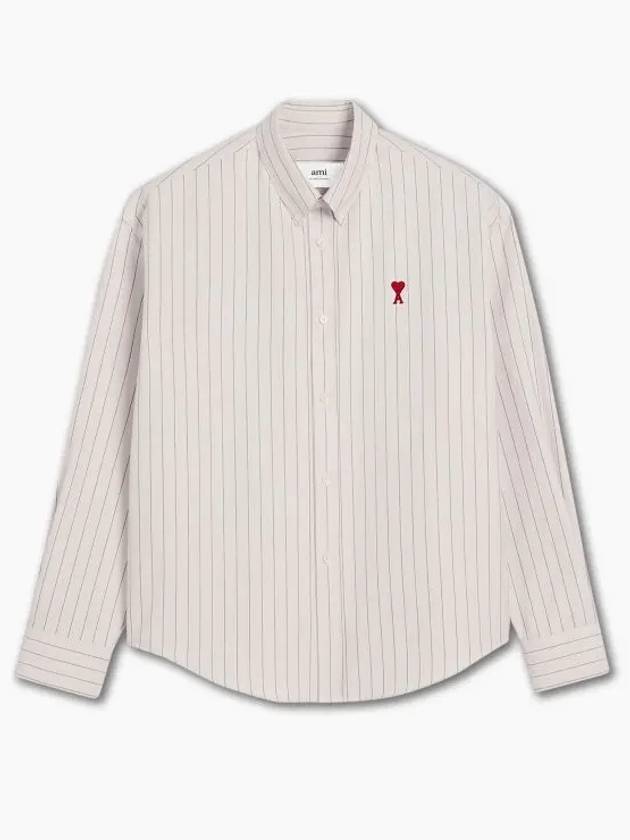 Small Heart Logo Stripe Boxy Fit Long Sleeve Shirt Chalk - AMI - BALAAN 2