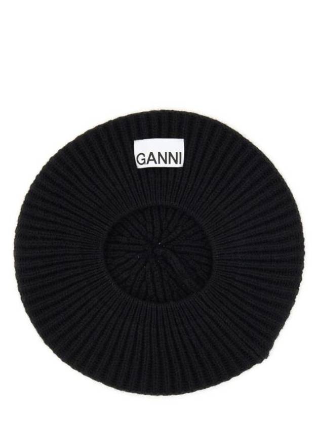 Logo Rib Edge Wool Beret Black - GANNI - BALAAN 4