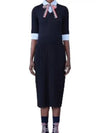 Ribbon Tie Layered Knit Midi Dress Navy - THOM BROWNE - BALAAN 2