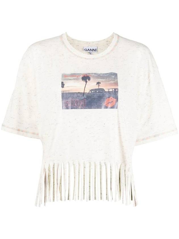 Cropped Fringe Graphic Short Sleeve T-Shirt Ivory - GANNI - BALAAN 1