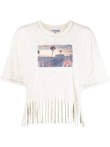 Cropped Fringe Graphic Short Sleeve T-Shirt Ivory - GANNI - BALAAN 1