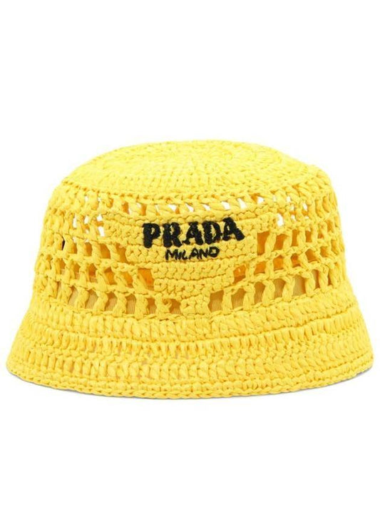 embroid logo raffia bucket hat yellow - PRADA - BALAAN 1