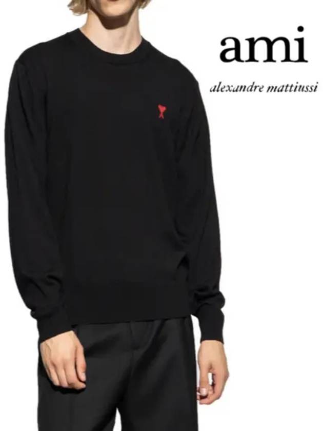 Heart Embroidered Logo Crew Neck Knit Top Black - AMI - BALAAN 2