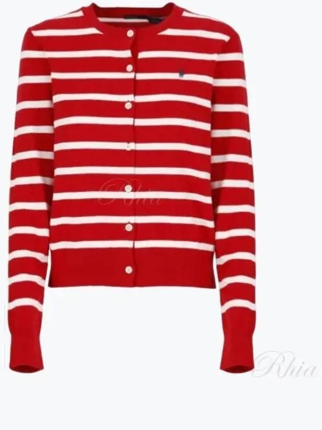 Embroidery  Logo Striped Crew Neck Cardigan Red - POLO RALPH LAUREN - BALAAN 2