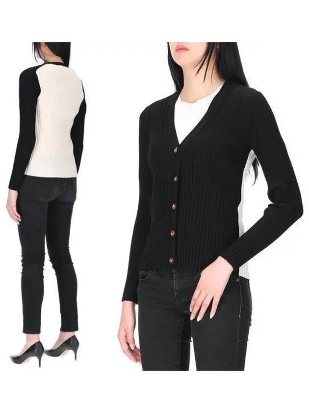 Women's Color Block Ribbed Wool V-Neck Cardigan Black - TORY BURCH - BALAAN 2