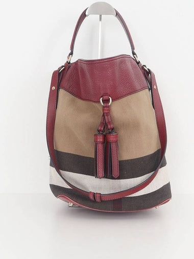 Medium House Check Canvas Ashby Bucket Shoulder Bag Burgundy 4020489 - BURBERRY - BALAAN 1