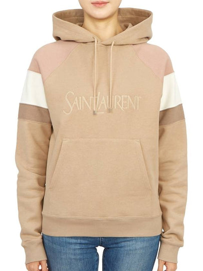 Front Logo Cotton Hoodie Beige - SAINT LAURENT - BALAAN 2