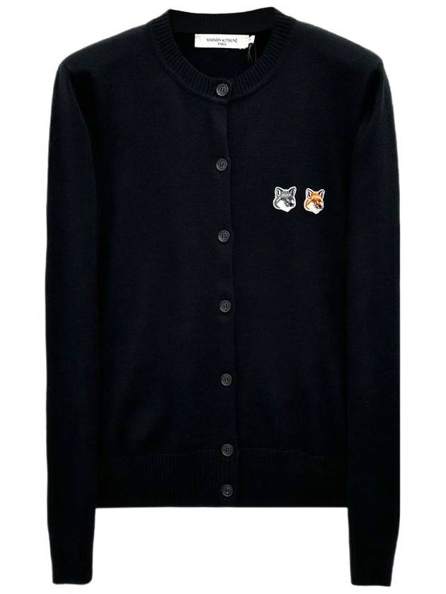 Double Fox Head Patch Round Neck Cardigan Black - MAISON KITSUNE - BALAAN 2