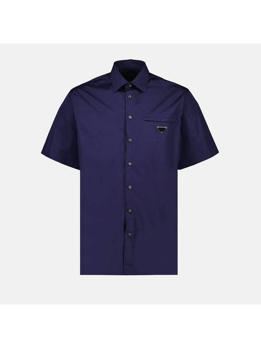 Triangle Logo Pocket Regular Fit Cotton Short Sleeve Shirt Navy - PRADA - BALAAN 1