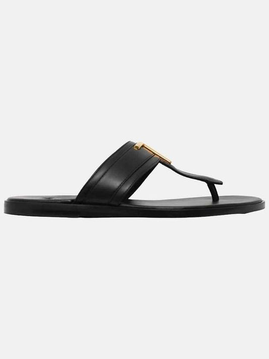 TF Logo Decorated Leather Flip Flops Black - TOM FORD - BALAAN 2