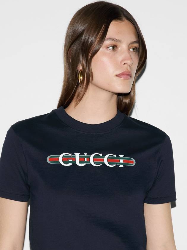 Web Print Cotton Short Sleeve T-Shirt Navy - GUCCI - BALAAN 6