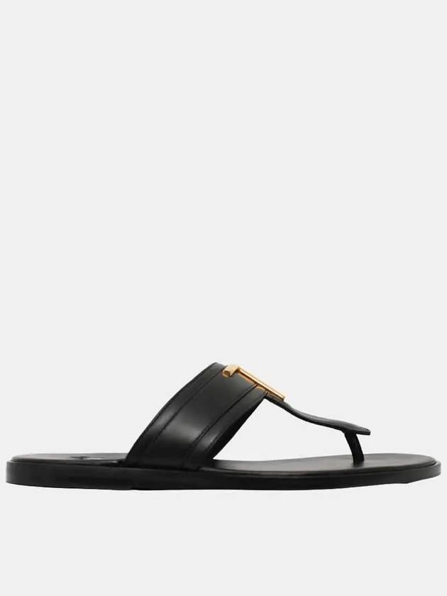 TF Logo Decorated Leather Flip Flops Black - TOM FORD - BALAAN 2