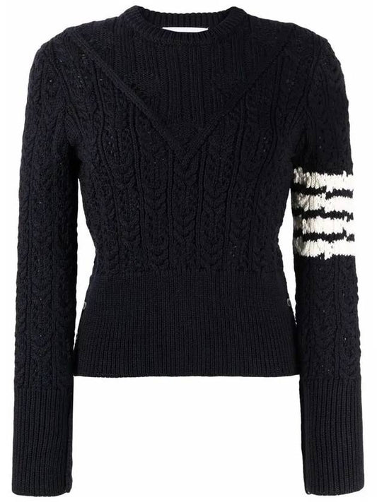 Women's 4 Bar Irish Pointelle Cable Merino Wool Knit Top Navy - THOM BROWNE - BALAAN 2