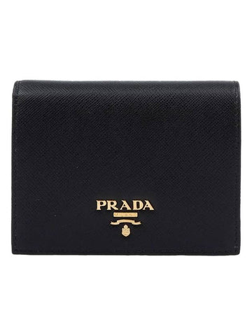 Saffiano Metal Logo Gold Fold Wallet Black - PRADA - BALAAN 1