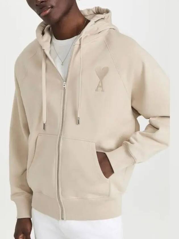 Men's Heart Embroidered Logo Zip-Up Hoodie Beige - AMI - BALAAN 3