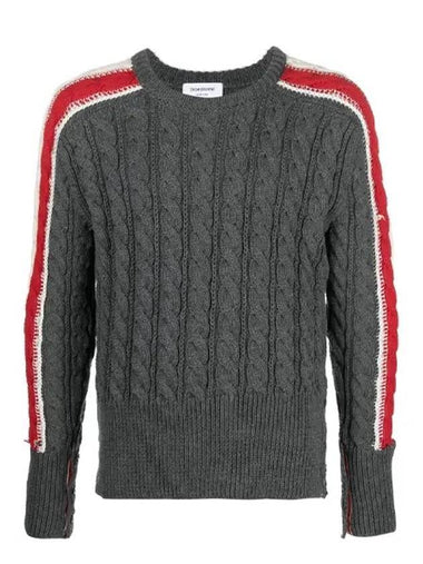 Men's Three Stripes Merino Wool Cable Knit Top Grey - THOM BROWNE - BALAAN 1