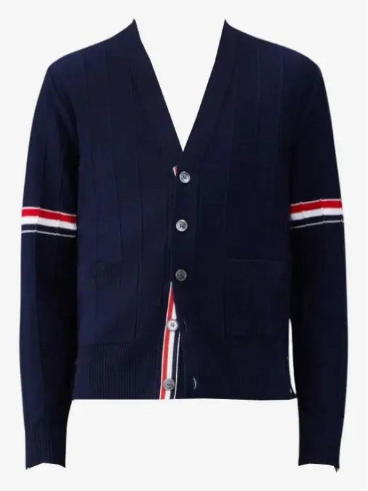 RWB V-neck Striped Virgin Wool Cardigan Navy - THOM BROWNE - BALAAN 2