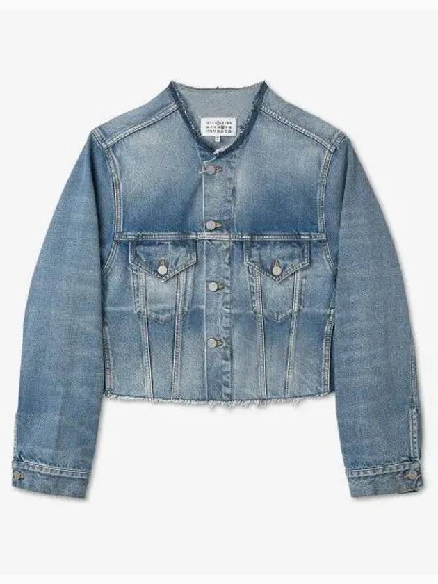 Women's Collarless Cropped Denim Jacket Blue - MAISON MARGIELA - BALAAN 2