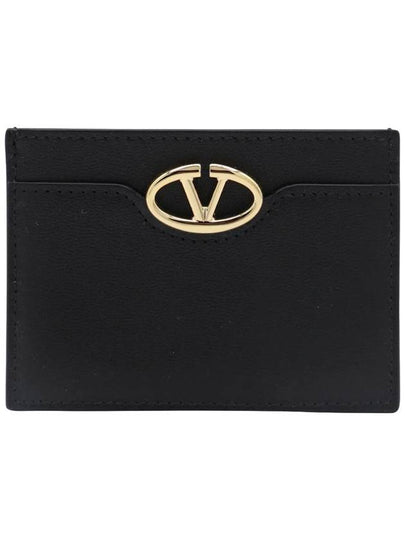 V Logo Signature Leather Card Wallet Black - VALENTINO - BALAAN 2