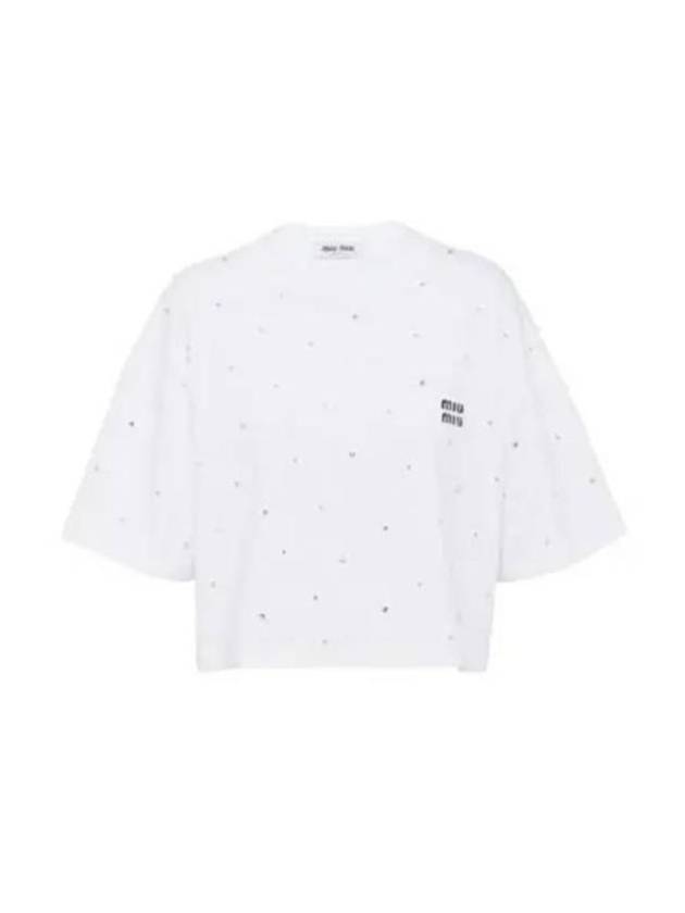 Embroidered Logo Crop Cotton Short Sleeved T-shirt White - MIU MIU - BALAAN 2