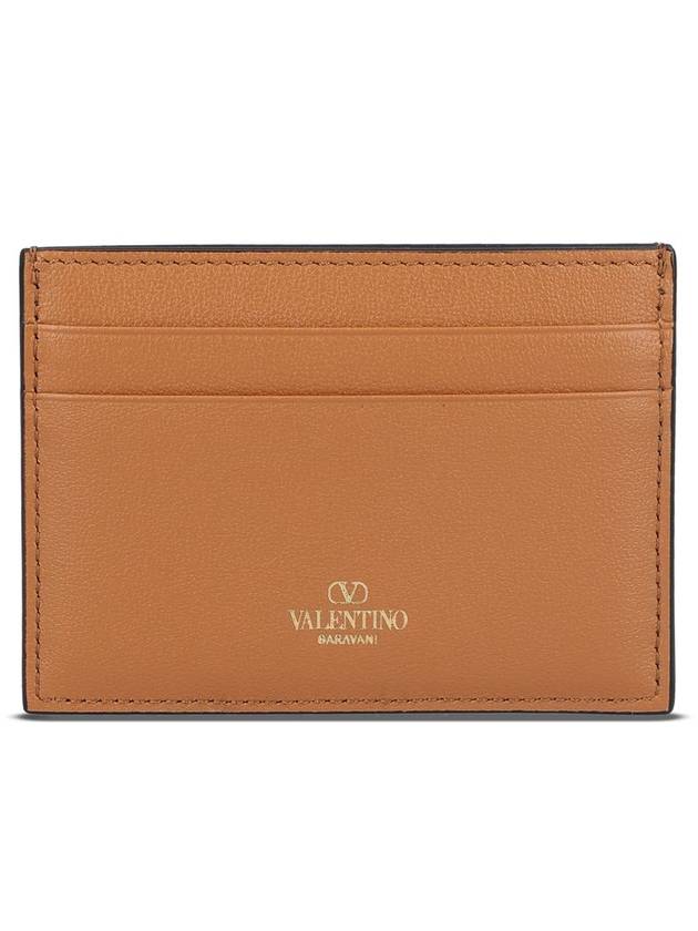 V Logo Signature Leather Card Wallet Brown - VALENTINO - BALAAN 3