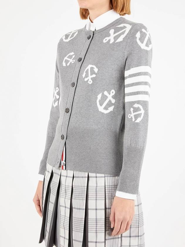 Cotton Anchor Intarsia 4-Bar Crewneck Cardigan Grey - THOM BROWNE - BALAAN 3