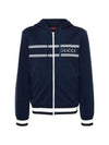 Logo Stripe Print Zip Up Hoodie Midnight Blue - GUCCI - BALAAN 2