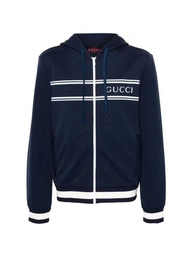 Logo Stripe Print Zip Up Hoodie Midnight Blue - GUCCI - BALAAN 2