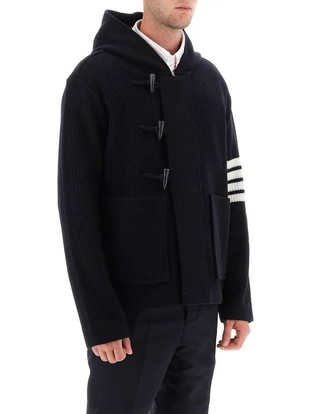 Boiled Wool Half Cardigan Stitched Hooded 4 Bar Double Jacket Navy - THOM BROWNE - BALAAN 3