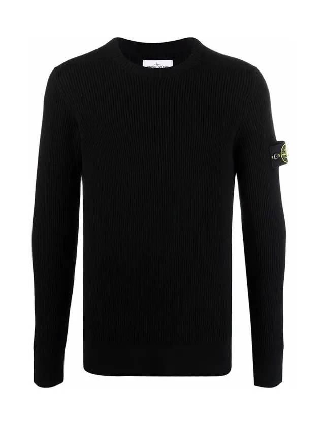 Full Rib Pure Wool Crewneck Knit Top Black - STONE ISLAND - BALAAN 3