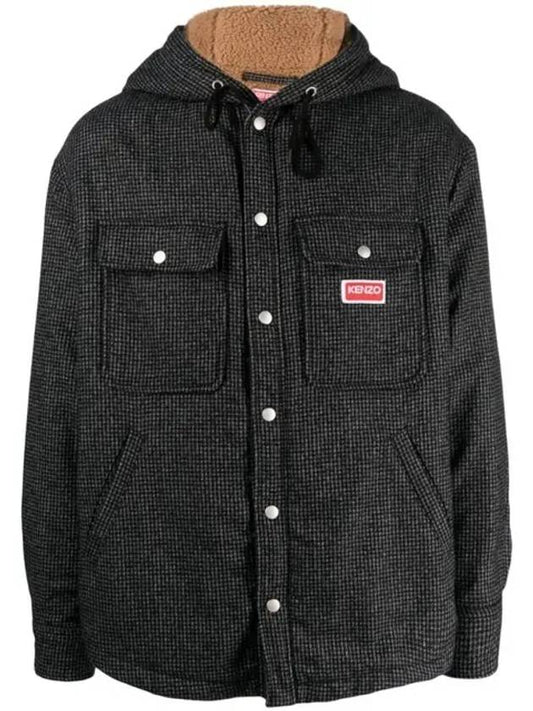 Houndstooth Pattern Press Stud Hooded Check Overshirt Jacket Grey - KENZO - BALAAN 2