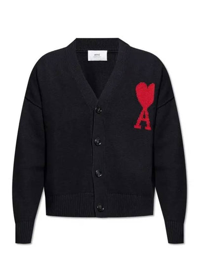 Heart Logo V Neck Wool Cardigan Black - AMI - BALAAN 2